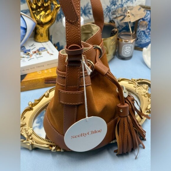 🆕 SEE BY CHLOE 🧿 NWT Vicki Bucket Bag, Caramello Leather & Suede - Picture 5 of 16